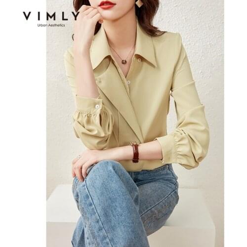 Vimly 2021 Spring Elegant Blouse Women Fashion Turn Down Collar Solid Single Breasted Shirt Office Lady Tops Blusas F6159