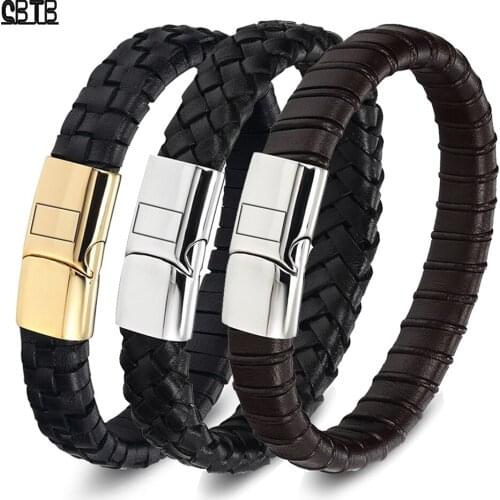 Hand-woven Leather Charm Bracelet Atmosphere Simple Mens Cuff Bracelet Stainless Steel Magnet Buckle Jewelry Buddha Bracelet