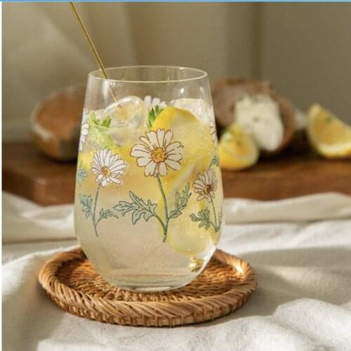 Cutelife Nordic Ins Flower Transparent Glass Coffee Cup Wine Water Tea Milk Cup Wedding Cute Living Room Kitchen Decoration Cup