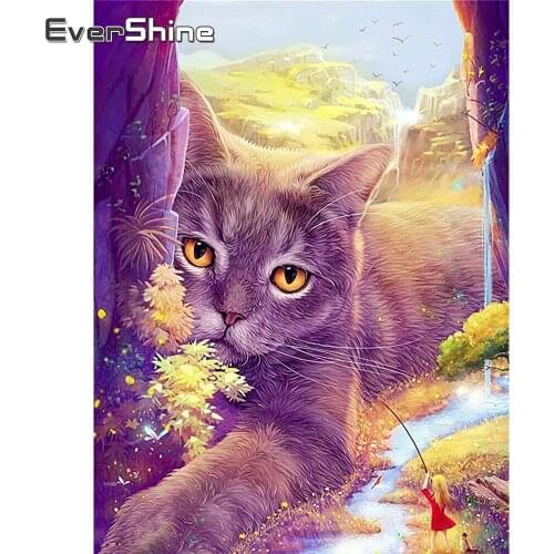 EverShine Diamond Embroidery Cat Cross Stitch Kits Diamond Painting Animal Mosaic Handicrafts Sunset Picture Rhinestone Wall Art