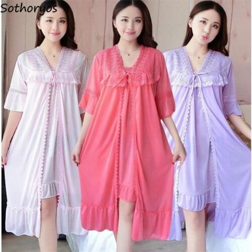Robe Gown Sets Women 2pcs Solid Ice-silk Trendy Casual Lace Up Home Plus Size 3XL Loose Nightwear Sexy Thin Womens Bathrobe Chic