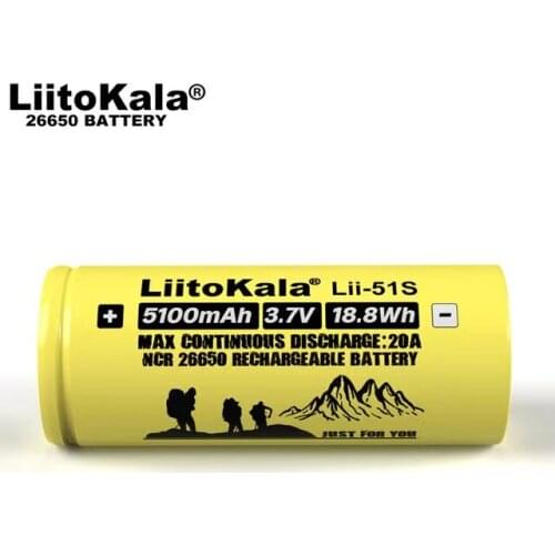 2 PCS . 5100mah. Liitokala Lii-51S 26650 20A power rechargeable lithium battery 26650A , 3.7V 5100mA . Suitable for flashlight