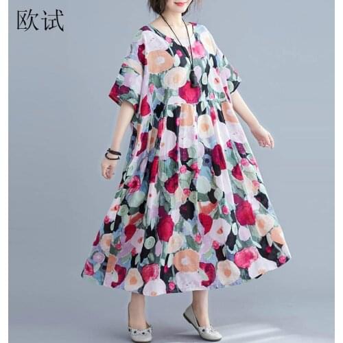 Plus Size 4XL 5XL Women Summer Print Floral Boho Dress Cotton Linen Long Dresses Loose Large Robe Femme Beach Dress 2019 Longue