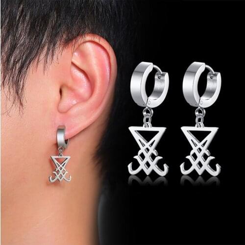 Mens Cool Sigil of Lucifer Dangle Earrings Black and Silver Color Stainless Steel Unisex Religious Jewelry