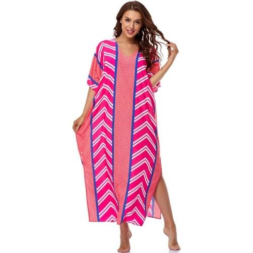 2021 New Sexy Striped V-neck Straight Girl Dress Pink Maxi Lady Dresses Beach Wear Plus Size Women Summer Party Cover-ups Q1247