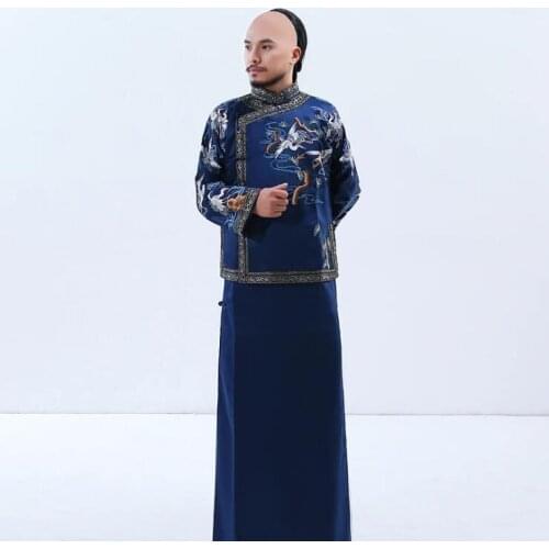 Official costume of Qing Dynasty cotton linen jacket+ long gown Rich young master costume men performance Old Shanghai tang