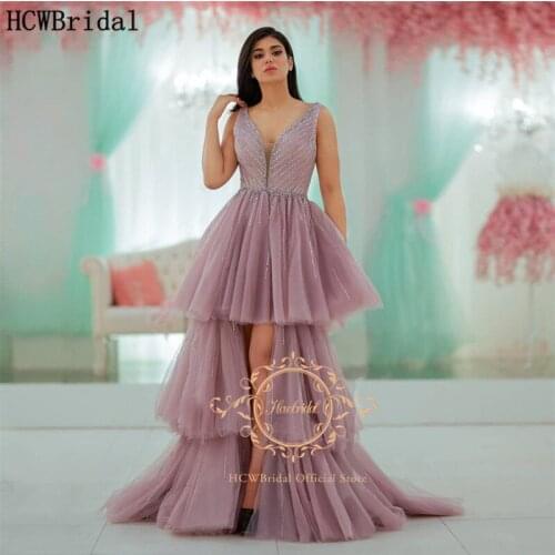 Dusty Rose High Low Evening Dress Shiny Beading Tiered Tulle Long Special Occasion Dresses Plus Size Women Prom Party Gowns