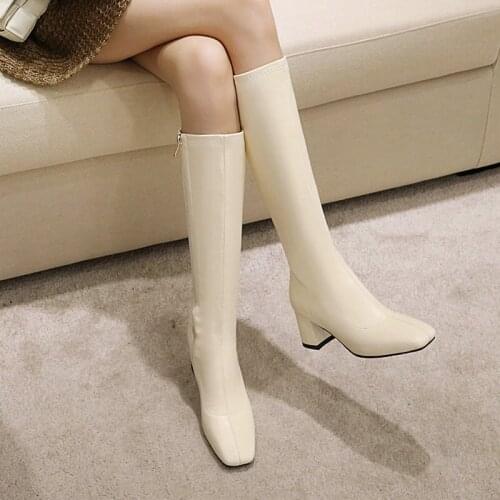 Ladies Fashion Square Toe Knight Boots Fashion Spring Autumn PU Thick Heel Knee High Boots Female Zipper Large Size Women Shoes