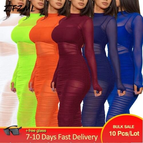 Sexy Transparent 3 Piece Set Women Turtleneck Long Sleeve Ruched Mesh Dress + Straped Crop Top + Bodycon Shorts Club Outfits