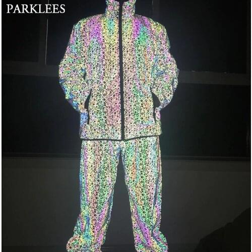 Mens Reflective Jacket Colorful Line Men Sport Jacket Fashion Luminous Men Hoodie Jackets Shiny Cool Hip Hop Men Casual Suit Set