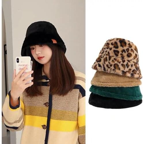 Fashion Winter Leopard Faux Fur Bucket Hats For Women Girl Print Plush Velvet Warm Panama Black Fisherman Hats