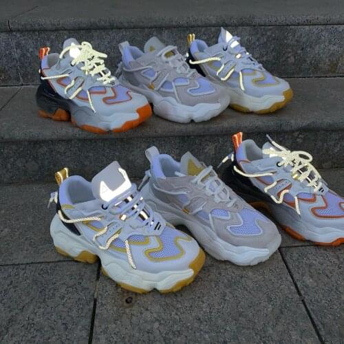 2021Summer Mesh Wedges Yellow Orange White Sneaker Soft Leather Walking Platform Lace-Up Women reflect light Dad Shoes