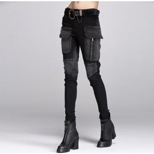 High Quality New Fashion Rteo Womens Casual Cargo Punk Pieced Patch Trousers Relaxed Skinny Jeans Pants Black Free Shipping