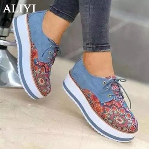 Women Casual Shoes 2021 Spring Fashion PU Floral Embroidery Lace Up Ladies Platform Loafers 43 Big Size Female Comfy Flats
