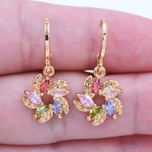 Gold Color Women Fashion Multicolor Zirconia CZ Pinwheel Dangle Earrings Jewelry