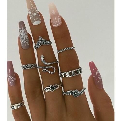 8pcs/set Boho Midi Finger Rings Set for Women Punk SnakeFlower Hollow Out Sliver Color Knuckle Rings Jewelry Gift бижутерия