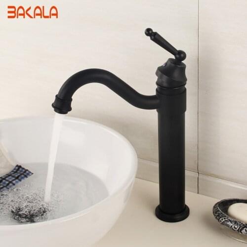 BALKALA Antique Brass Retro Bathroom Basin Sink Mixer Taps Deck Mounted Single Holder Swivel Spout Black Faucet
