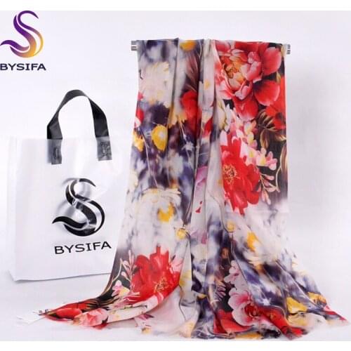 [BYSIFA] Winter Pure Wool Long Scarves Shawl 2017New Ladies Fashion Accessories Chinese Red Peony Long Scarves Pashmina 200*70cm