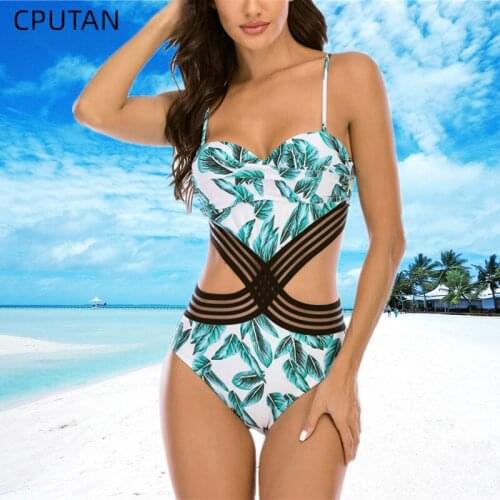 CPUTAN Sexy One-piece Swimsuit Push Up Swimwear Leaf Print Patchwork Mesh Backless Swimwear Beach Monokini Ladies Bathing Suit