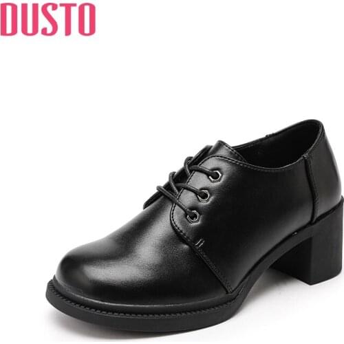 DUSTO 2021 new autumn leisure Fashion Black Lace up round head small leather shoes womens shoes