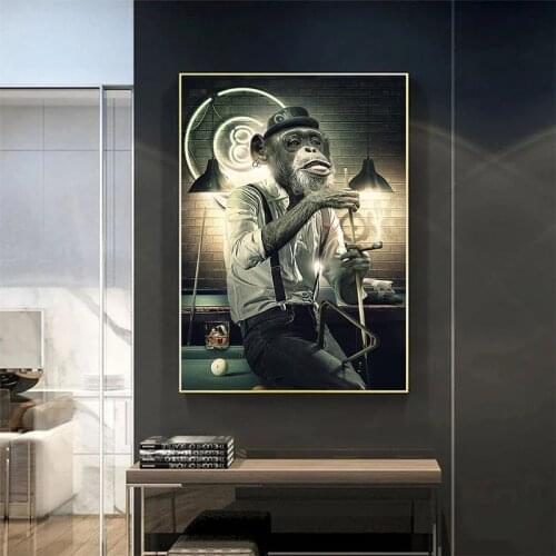 Graffiti Art Smoking Monkey Playing Cards Billiard Room Bar Canvas Painting Abstract Animal Wall Posters Parlor Home Decoration