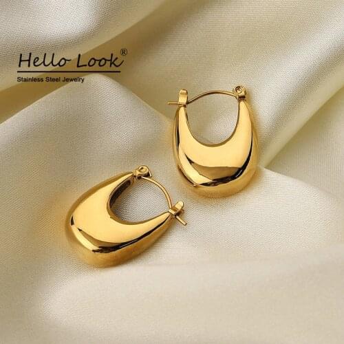 HelloLook Water Drop Smooth Earring for Women Gold Plated Stainless Steel Ins Hot U Shape Hoop Earrings Vintage Fashion Jewelry