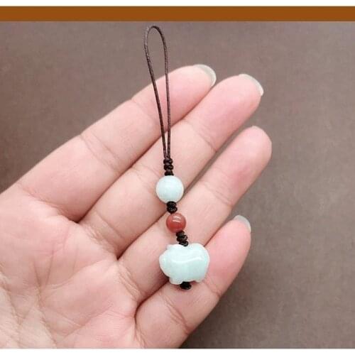 Customization Natural Emerald Pig DIY Phone Chain Key Ring Jewellery Fashion Accessories Hand Woven Woman Amulet