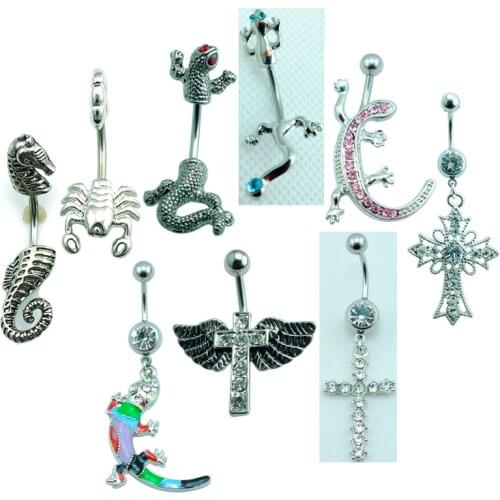 JINGLANG Mixing Brand New Fashion Belly Button Rings Steel Barbell Dangle Rhinestone Horse Cross Navel Body Piercing Jewelry