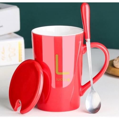380ml Ceramic Tea Cup with L Letter Lucky Pattern Mug With Spoon Lid&Optional Tea leak gift box Milk Coffee Cup Mark Drinkware