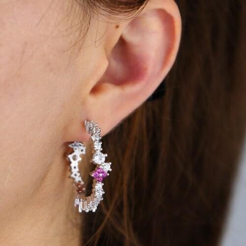 Classic sparking clear cz red flower new hoop design cz cluster full stone hoops fashion women chic earring