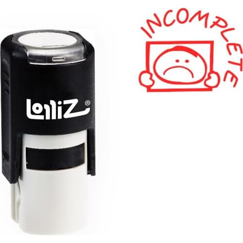 LolliZ Round Self-Inking Stamp, "Incomplete" Text W/ Sad Boy Image, Teacher Stamp W/Lid, Laser Engraved Rubber, RED
