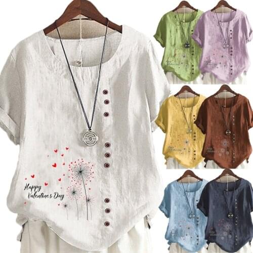 Summer Womens New Fashion O-neck Heart-shaped Printed Short Sleeve Top Loose Linen T-shirt Casual Top S-5XL