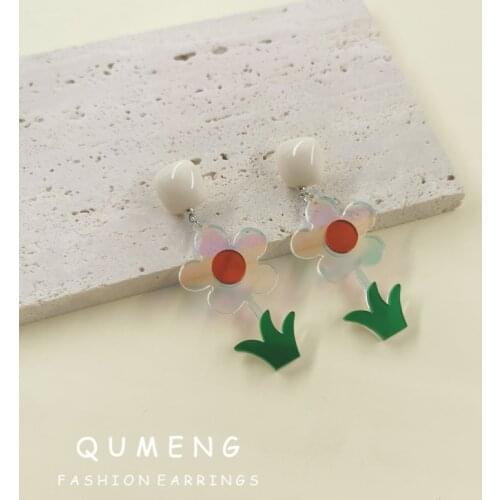 QUMENG Design Fashion Fun Dazzle Colour Transparent Plant Flowers Green Grass Acrylic Pendant Earrings Girl Fine Jewelry Gifts