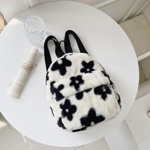 Fashion Preppy Style Women Flowers Printing Plush Backpack Casual Ladies Small Knapsack Mini Rucksacks