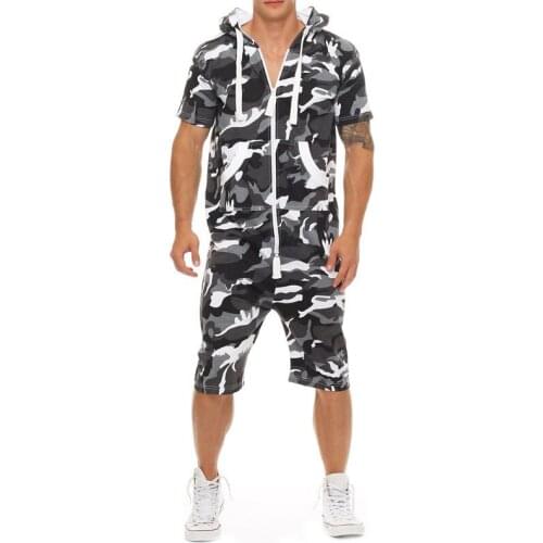 2020 new Mens sets Jumpsuit Patchwork Camouflage Tracksuit Casual Zipper Short Sleeve Hooded with Pockets Short Overalls F815