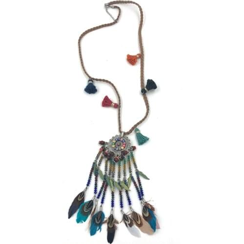 New Handmade Bohemia Boho Long Fringe Tassel Pendant Tribal Maxi Necklace Colorful Beaded Tassel Feather Pendants Necklace