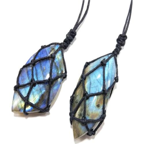Dragons Heart Shaped Labradorite Necklace Natural Stone Pendant Wrap Braided Yoga Macrame Necklace Energy Hanging Drops