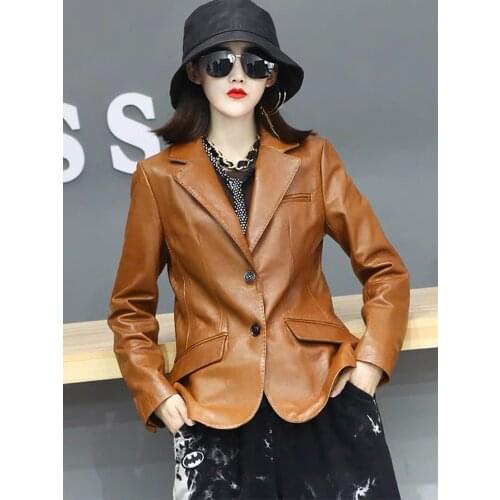 Hot Sale High Quality Spring Autumn Office Lady Thin Real Sheepskin Leather Women Slim Genuine Leather Coat