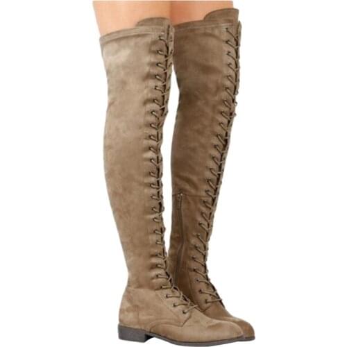 Sexy Lace Up Over Knee Boots Women Boots Flats Shoes Woman Square Heel Rubber Flock Boots Botas Winter Thigh High Boots 34-43