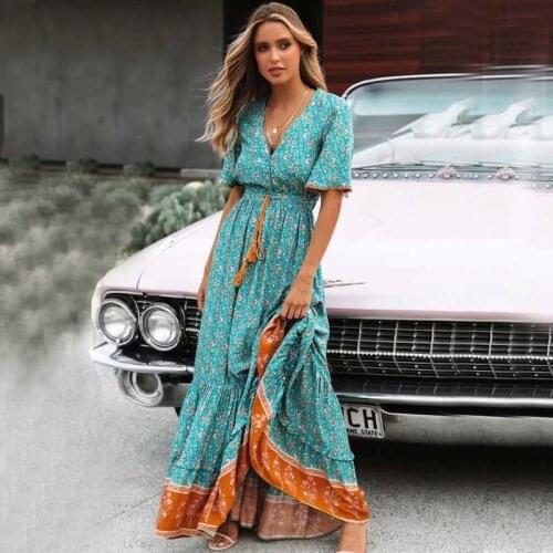 BOHO INSPIRED blus floral maxi dress V-neck button down lace trim 2020 Spring summer dress tassel tied waist long women dresses