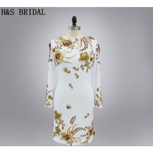 Real photo Custom made sequins shinny gold beaded long sleeves evening dresses