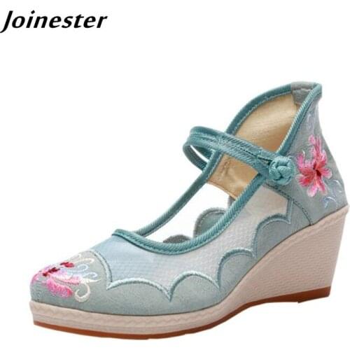Air Mesh Wedge Pumps for Ladies 2021 Summer Women Shoes обувь для женщин летняя Ethnic Embroidered Ankle Strap Female Sandals