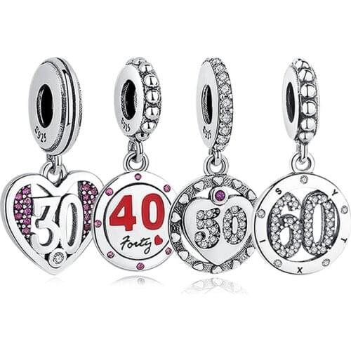 Years Old 30 40 50 60 Number Lucky Dangle Charm 925 Sterling Silver Beads Fit Original Charm Bracelet Pendant Jewelry Making