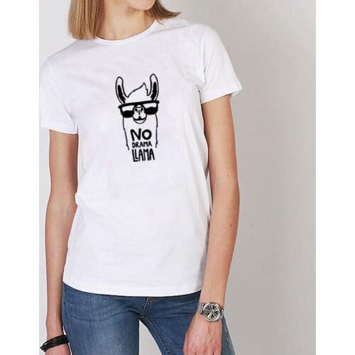 NO DRAMA LLAMA Printed Short Sleeve Cotton T Shirt Women O-neck Christmas T Shirt Women Casual Tee Shirt Femme
