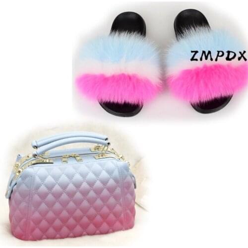 Female Rainbow Jelly Shoulder Bag Shoes Sets Ladies Real Fox Fur Slippers Womens Fluffy Furry Slides Crossbody Purse Flip Flops