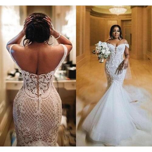 2020 Sexy Off Shoulder Mermaid Wedding Dresses Arabic Lace Backless Vestidos De Novia Court Train Plus Size Bridal Gown
