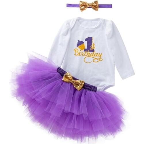 Birthday Party Baby Girl Clothing Set 3pcs Set Cotton Long Sleeve Bodysuit+Tutu Skirt+Headband Infant 1st Birthday Clothing Suit