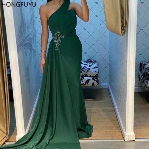HONGFUYU Sleeveless One Shoulder Formal Evening Gowns Beading Satin robe de soiree Prom Dresses Sweep Train vestidos formales