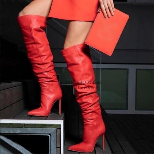 Red Leather Over The Knee Boots Pointed Toe Loose High Heel Boots Stiletto Heels Party Celebrating Dress Shoes Drop Ship