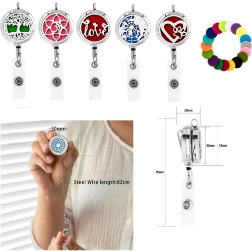 Love Tree of life Heart 30mm diffuser locket ID Badge Holder Retractable Pendant Stainless Steel fit key chain 10pads as gift